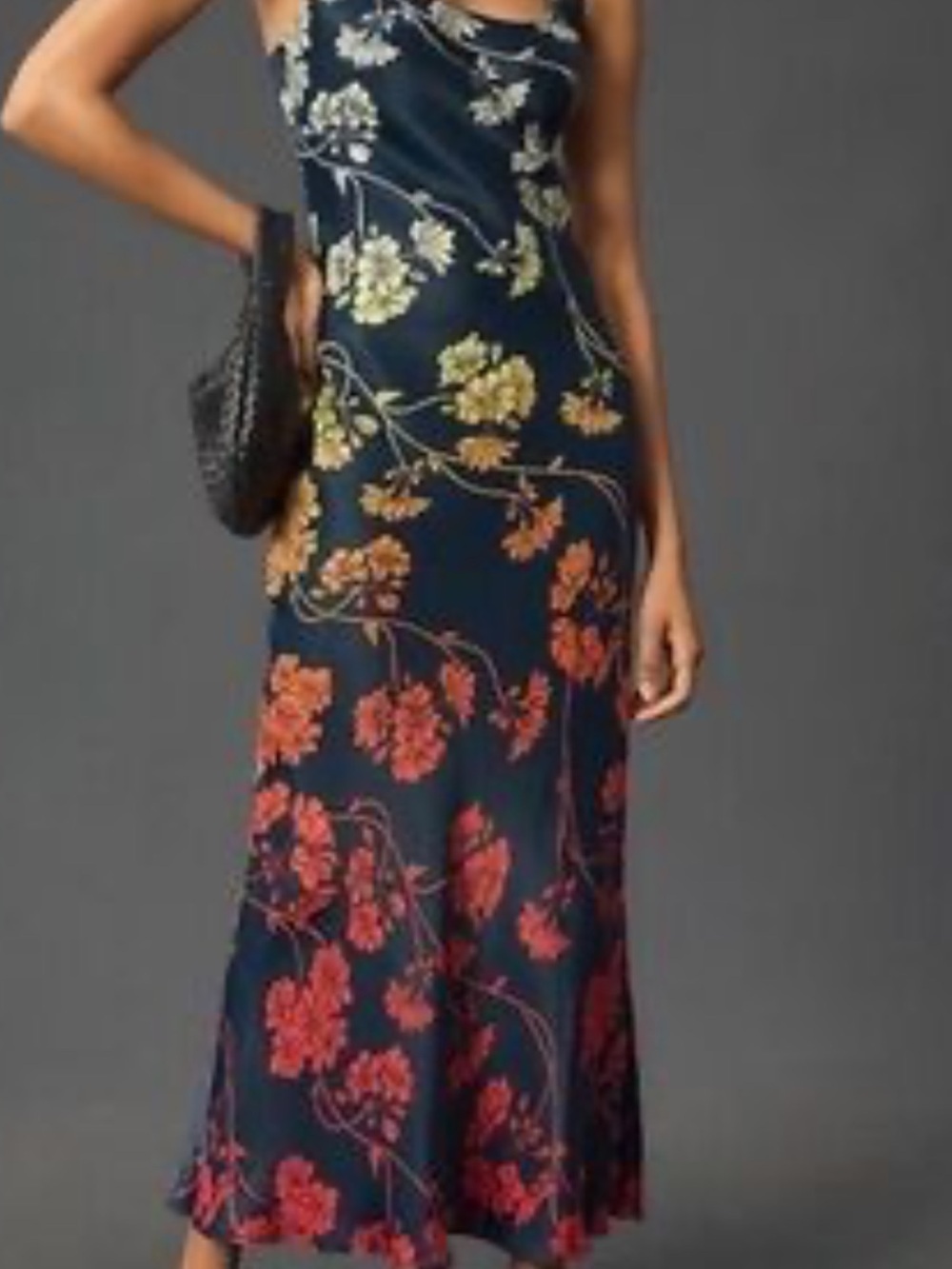 Anthropologie Navy Maxi Slip Dress with Red & Yellow Floral Print M EUC